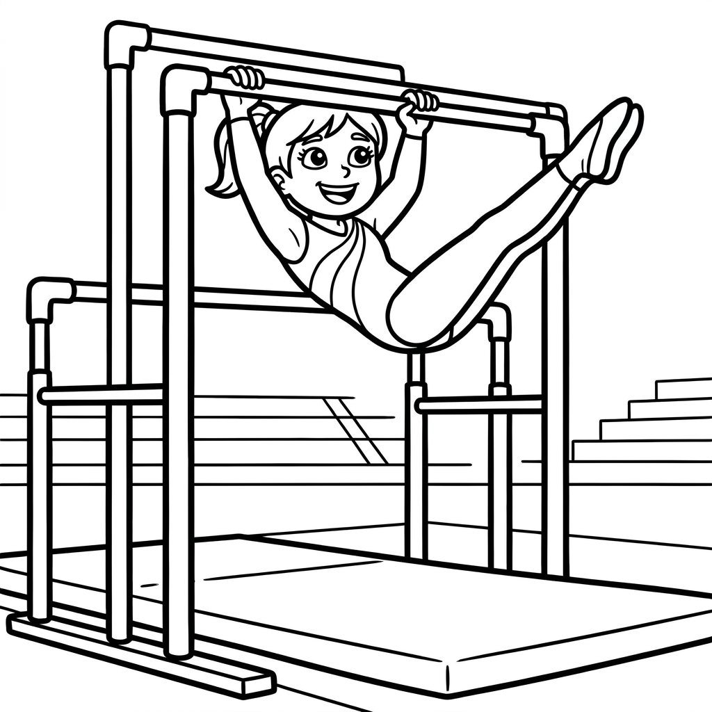 Gymnastics coloring page of a gymnast swinging on uneven bars in a gym setting with thick outlines.